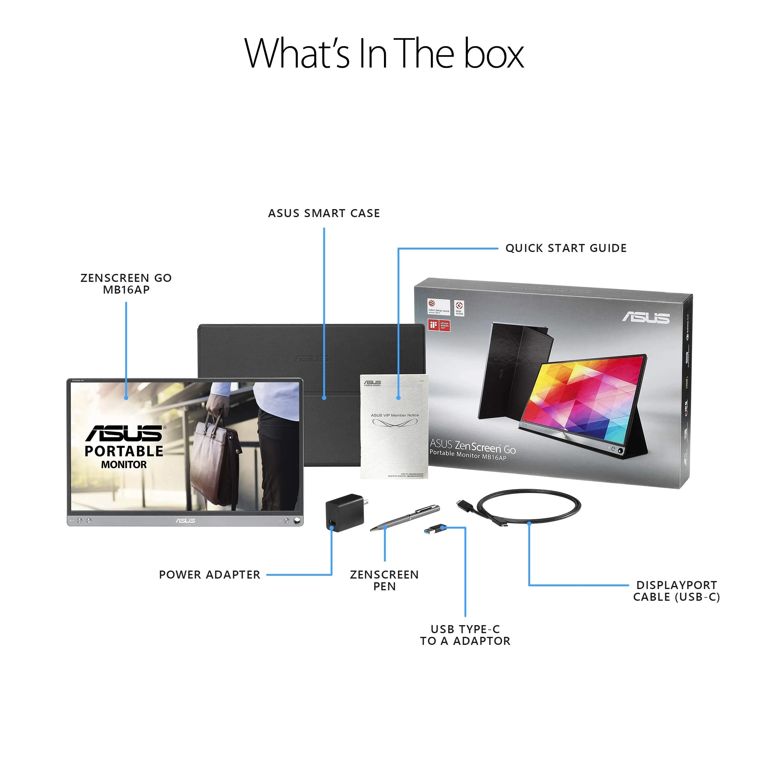 Asus Zenscreen Go MB16AP 15.6" Full HD Portable Monitor IPS Built-in Battery Eye Care USB Type-C W/Foldable Smart Case