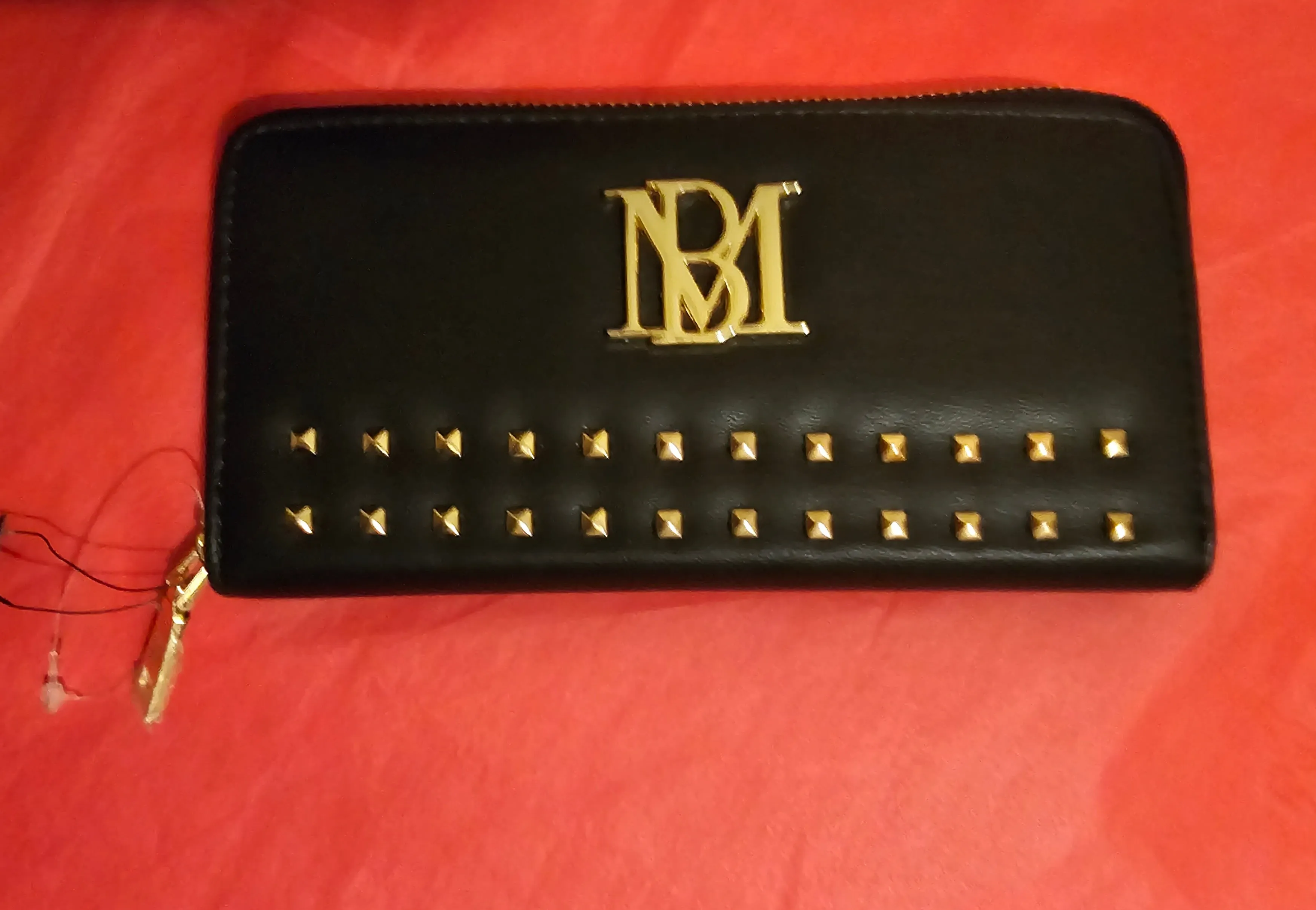 Badgley Mischka Set-Black Vegan Leather Studded Backpack Sling Bag with Wallet
