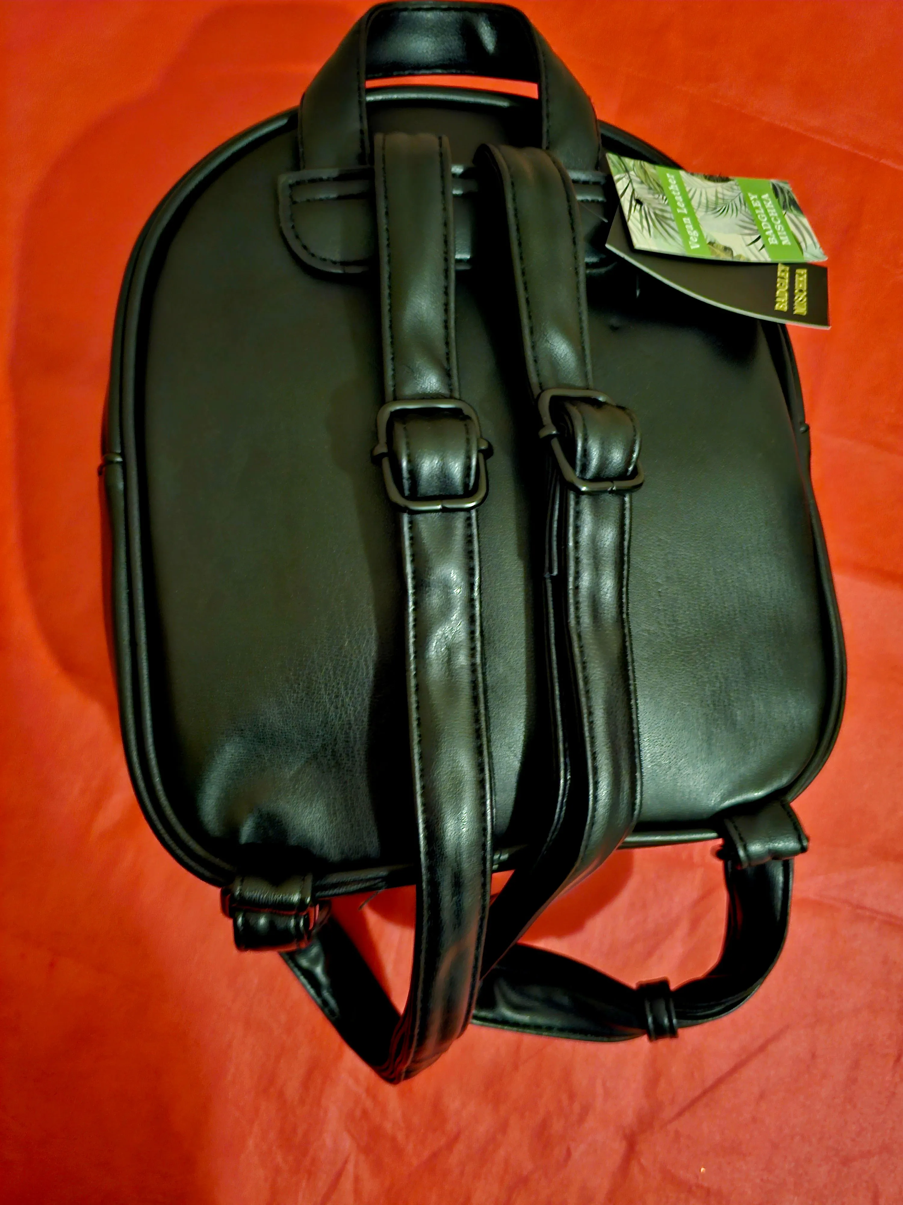 Badgley Mischka Set-Black Vegan Leather Studded Backpack Sling Bag with Wallet