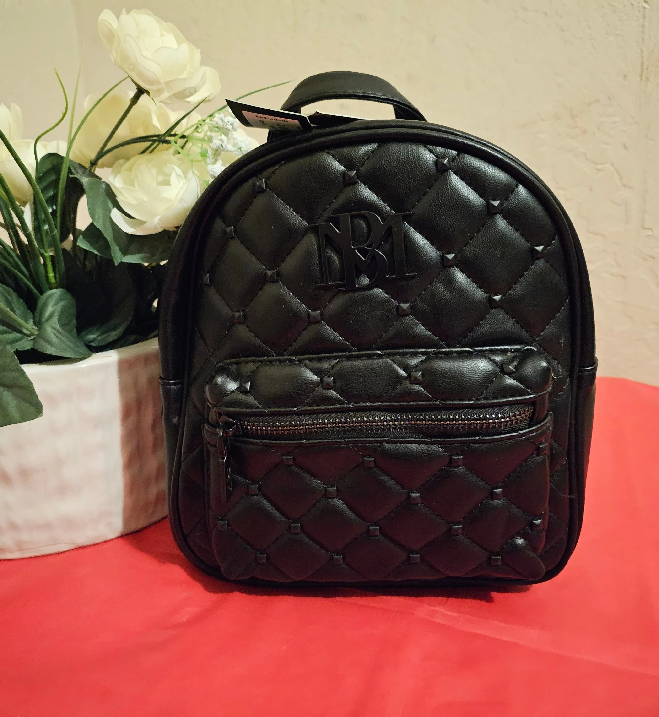 Badgley Mischka Set-Black Vegan Leather Studded Backpack Sling Bag with Wallet