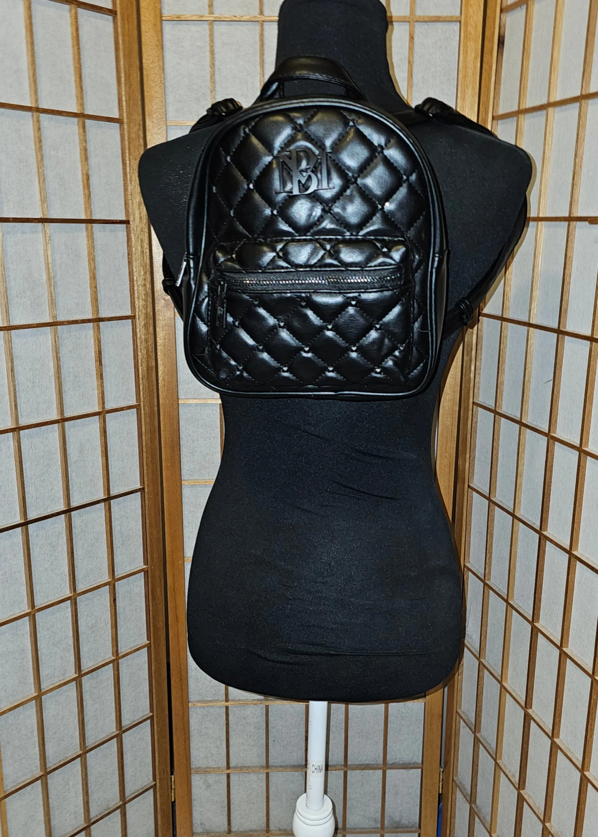 Badgley Mischka Set-Black Vegan Leather Studded Backpack Sling Bag with Wallet