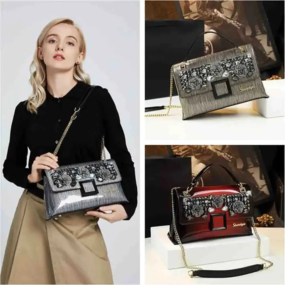 Elegant Women Chains Shoulder Clutch Bag Luxury Patent Leather with Diamond Noble Ladies Handbag