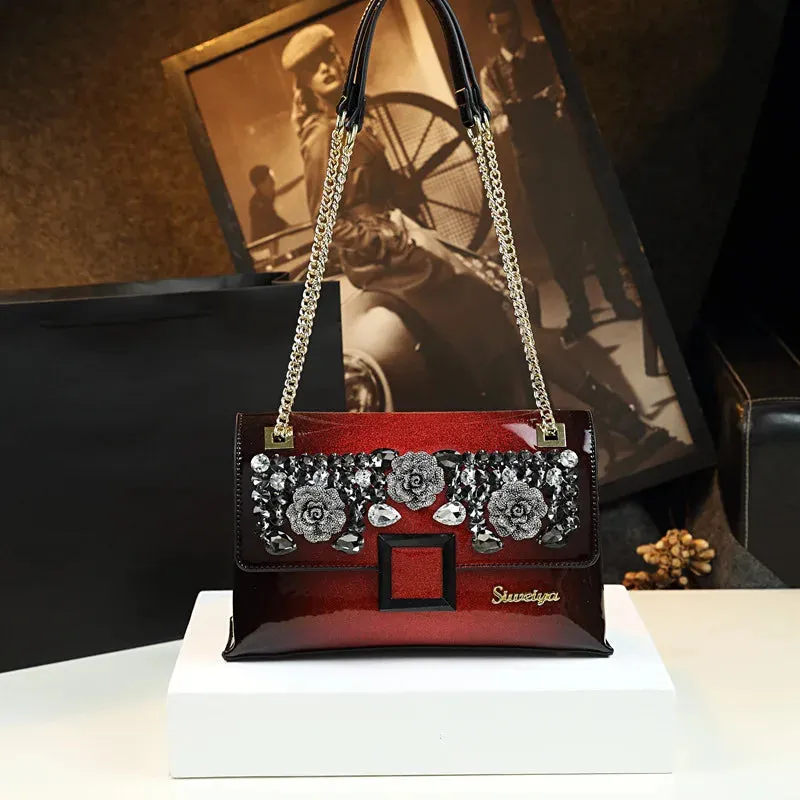 Elegant Women Chains Shoulder Clutch Bag Luxury Patent Leather with Diamond Noble Ladies Handbag