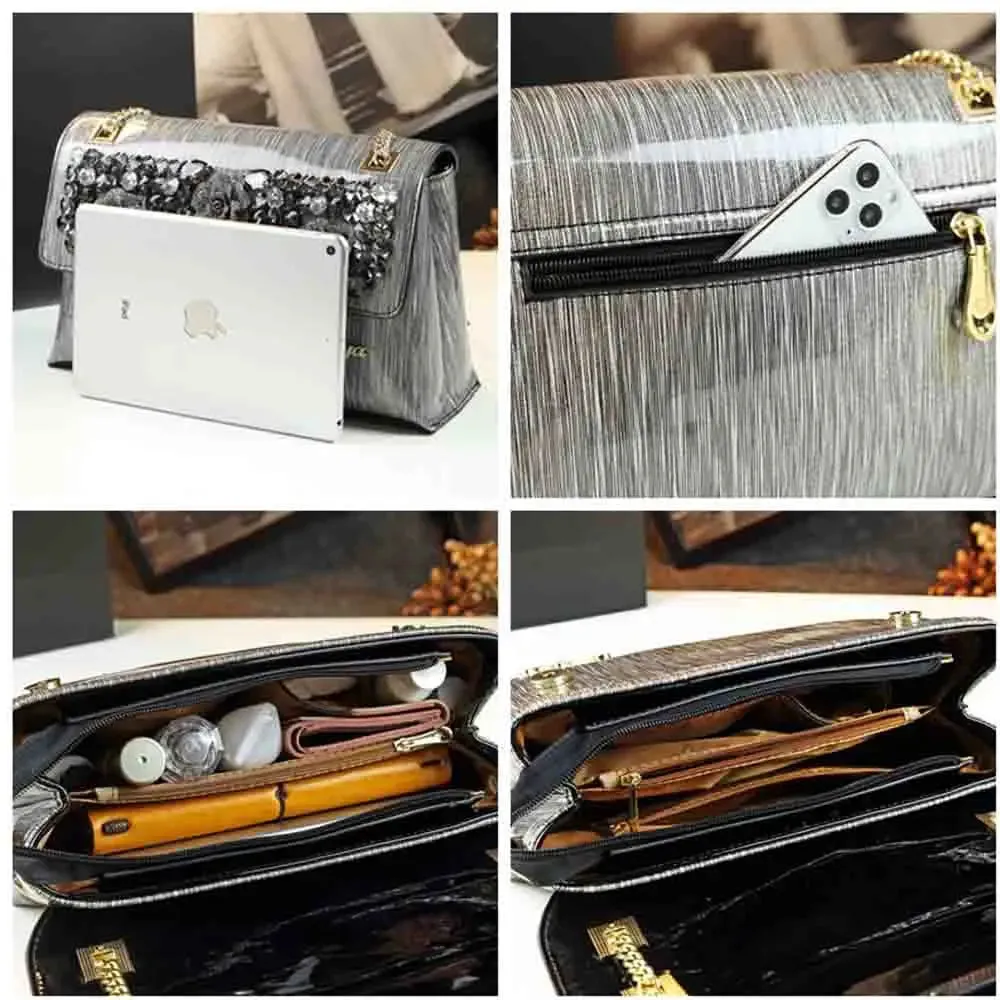 Elegant Women Chains Shoulder Clutch Bag Luxury Patent Leather with Diamond Noble Ladies Handbag