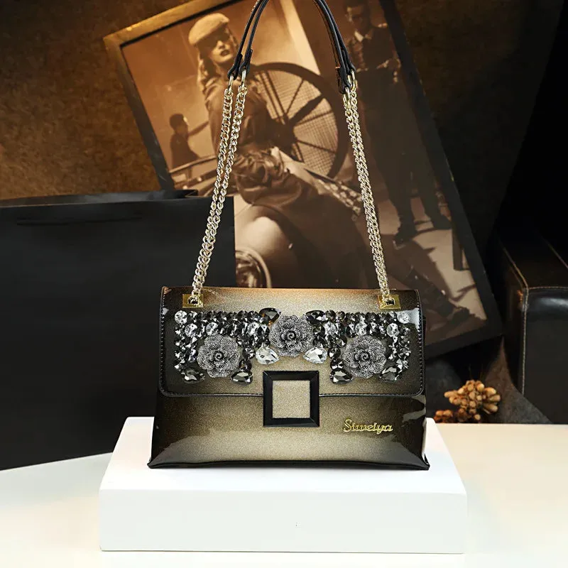 Elegant Women Chains Shoulder Clutch Bag Luxury Patent Leather with Diamond Noble Ladies Handbag