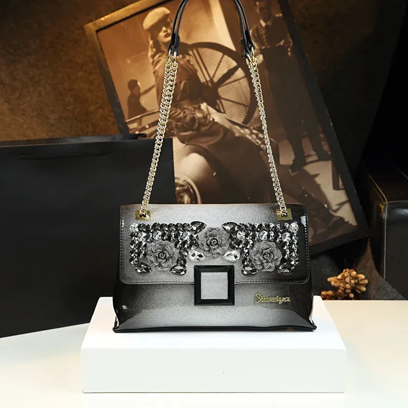 Elegant Women Chains Shoulder Clutch Bag Luxury Patent Leather with Diamond Noble Ladies Handbag