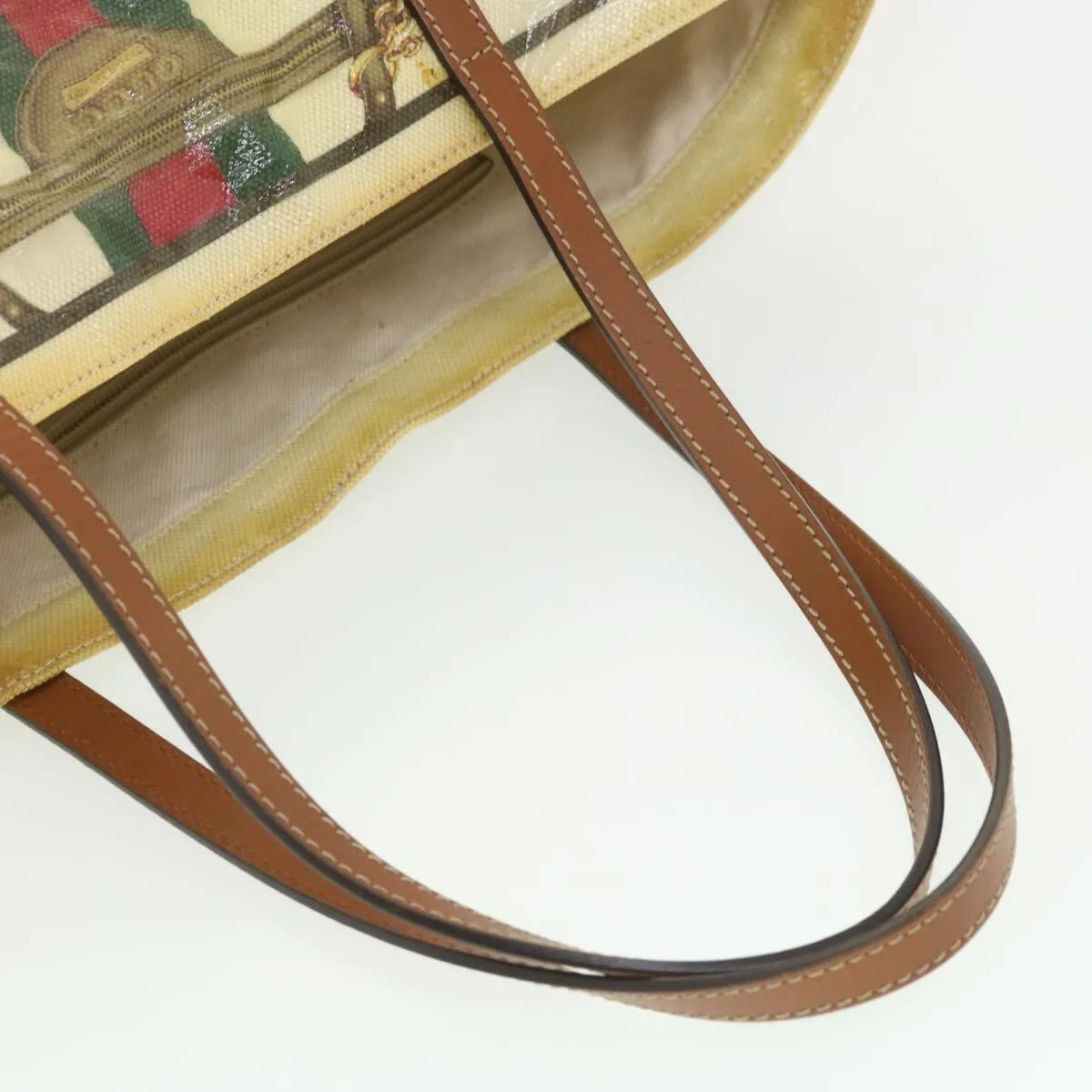 RARE, Gucci 'Ophidia' line, multi-color horse-bit, equestrian theme print canvas & camel leather, large, tote with a red/green Sherry stripe