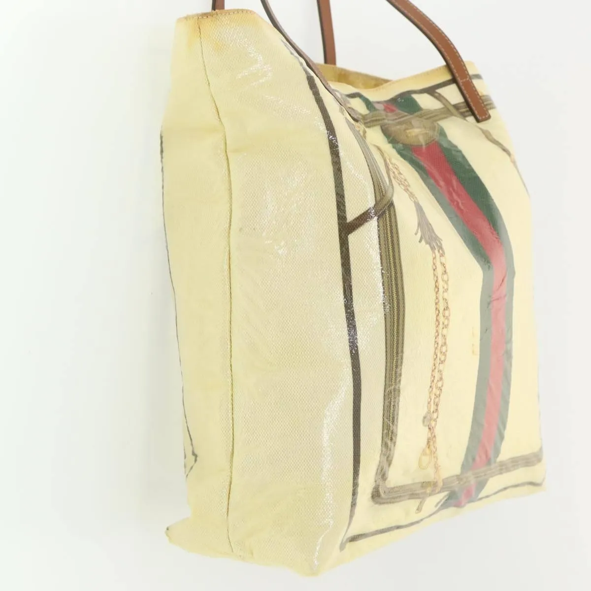 RARE, Gucci 'Ophidia' line, multi-color horse-bit, equestrian theme print canvas & camel leather, large, tote with a red/green Sherry stripe