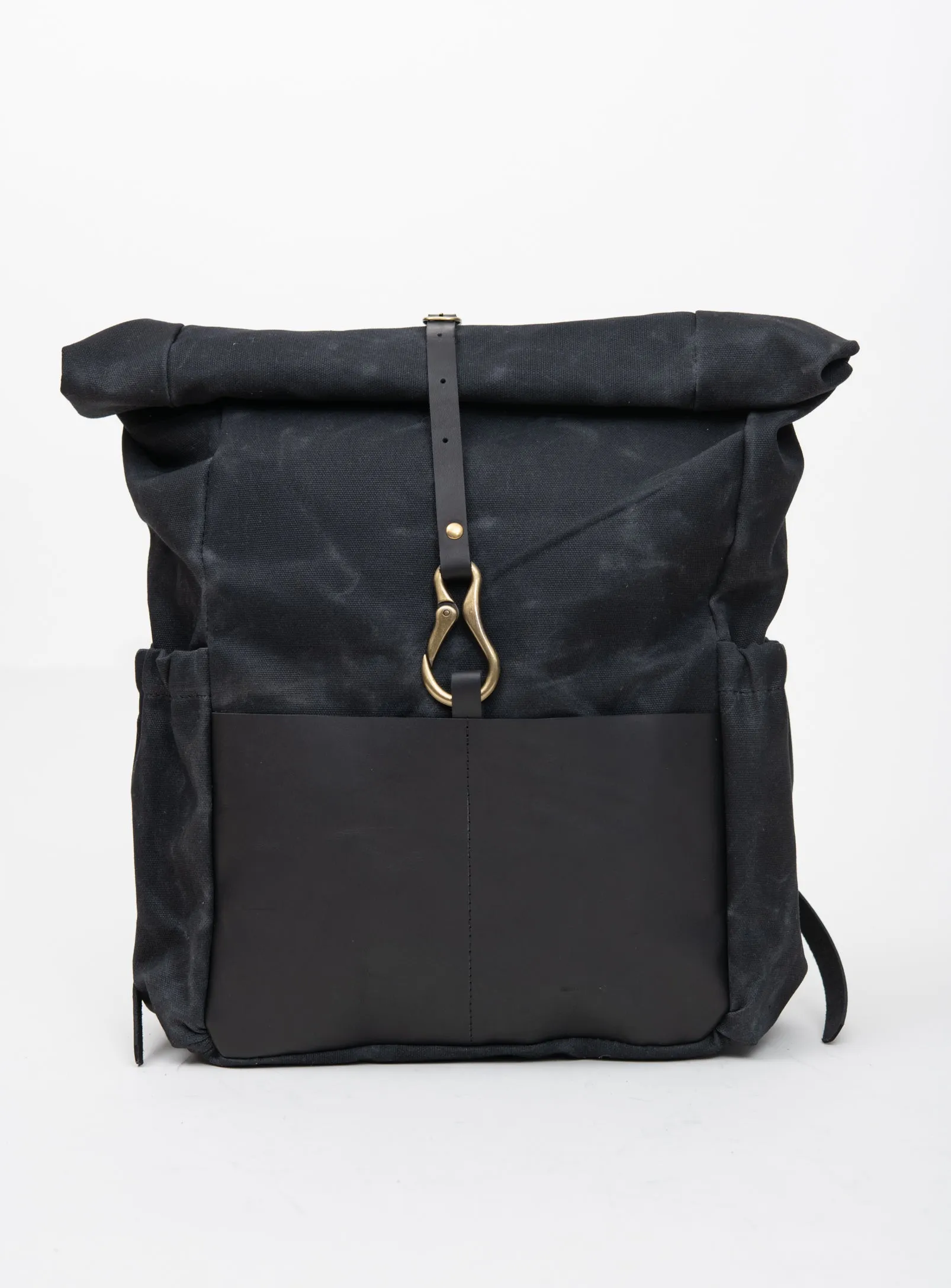 Roll top leather and waxed coton backpack DE LORIMIER model
