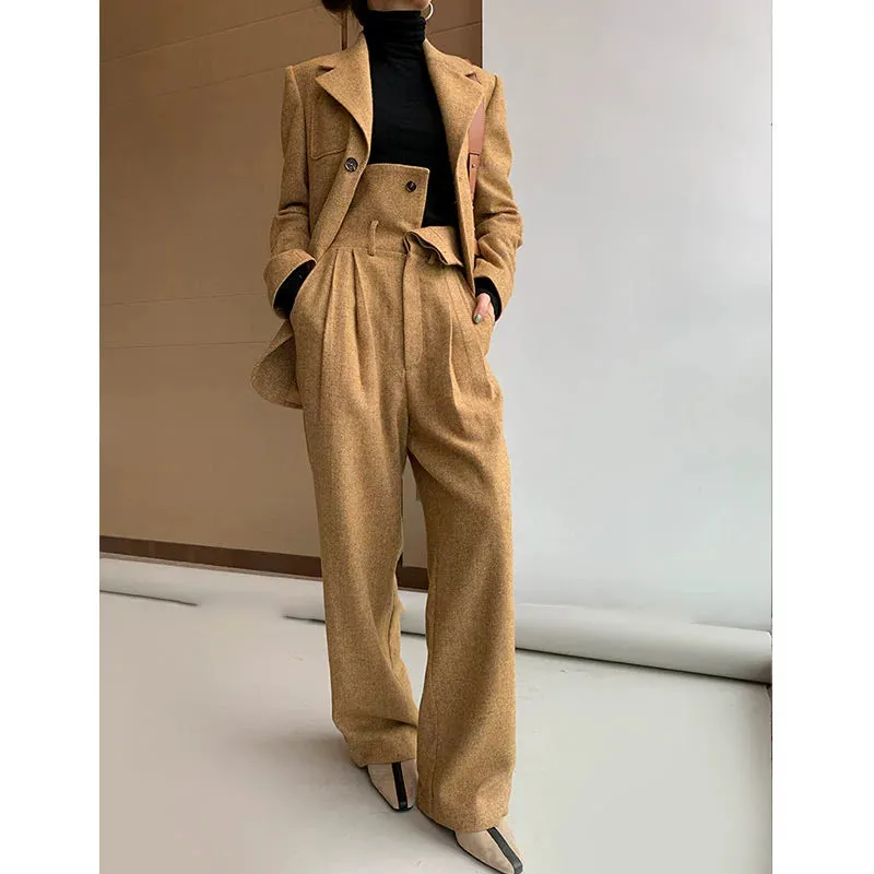 Tweed Herringbone blazer women's loose British wide-leg pants and suit jacket - Koil