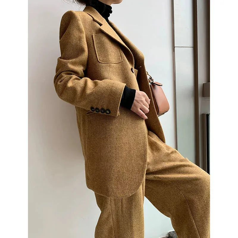 Tweed Herringbone blazer women's loose British wide-leg pants and suit jacket - Koil