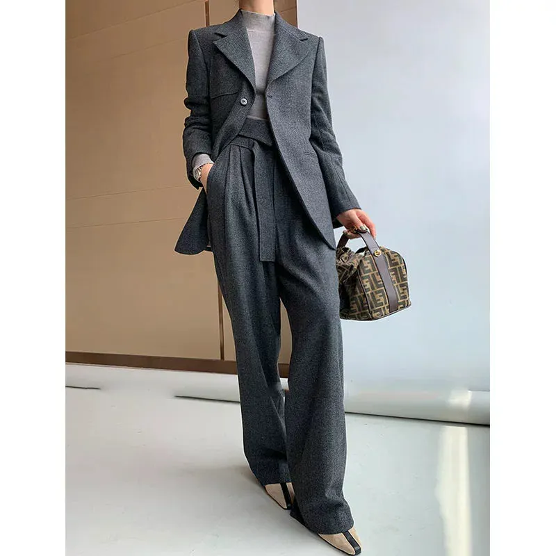 Tweed Herringbone blazer women's loose British wide-leg pants and suit jacket - Koil