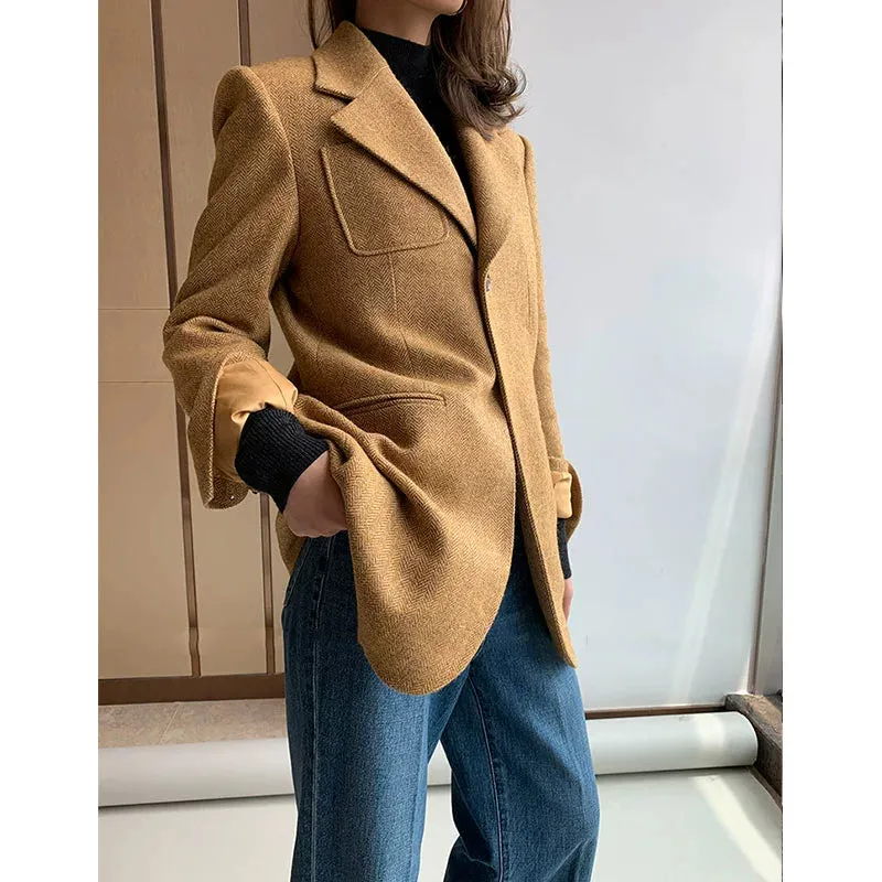 Tweed Herringbone blazer women's loose British wide-leg pants and suit jacket - Koil