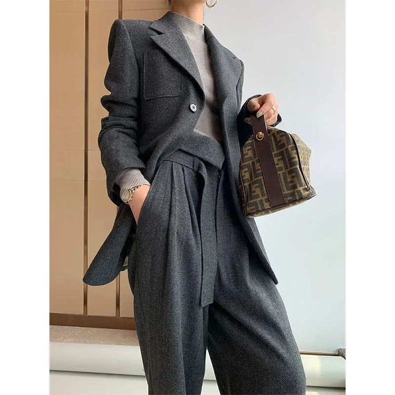 Tweed Herringbone blazer women's loose British wide-leg pants and suit jacket - Koil