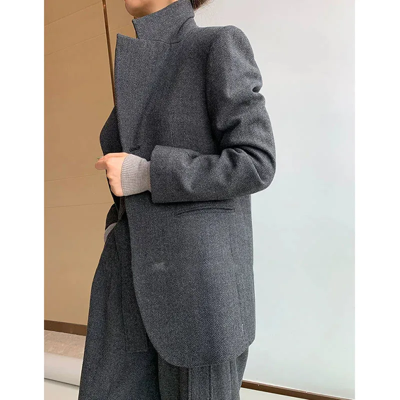 Tweed Herringbone blazer women's loose British wide-leg pants and suit jacket - Koil