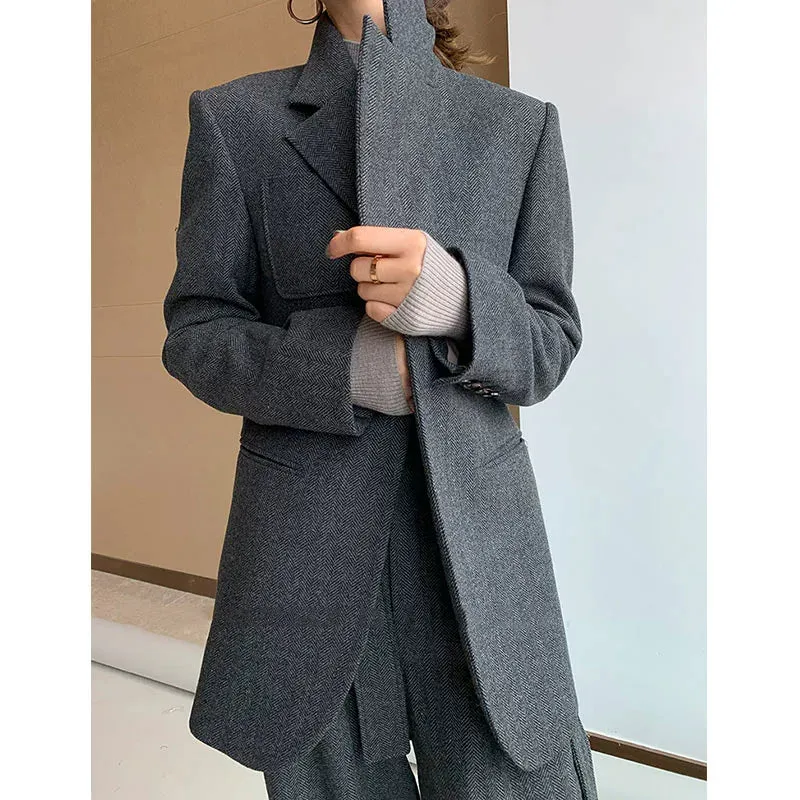 Tweed Herringbone blazer women's loose British wide-leg pants and suit jacket - Koil