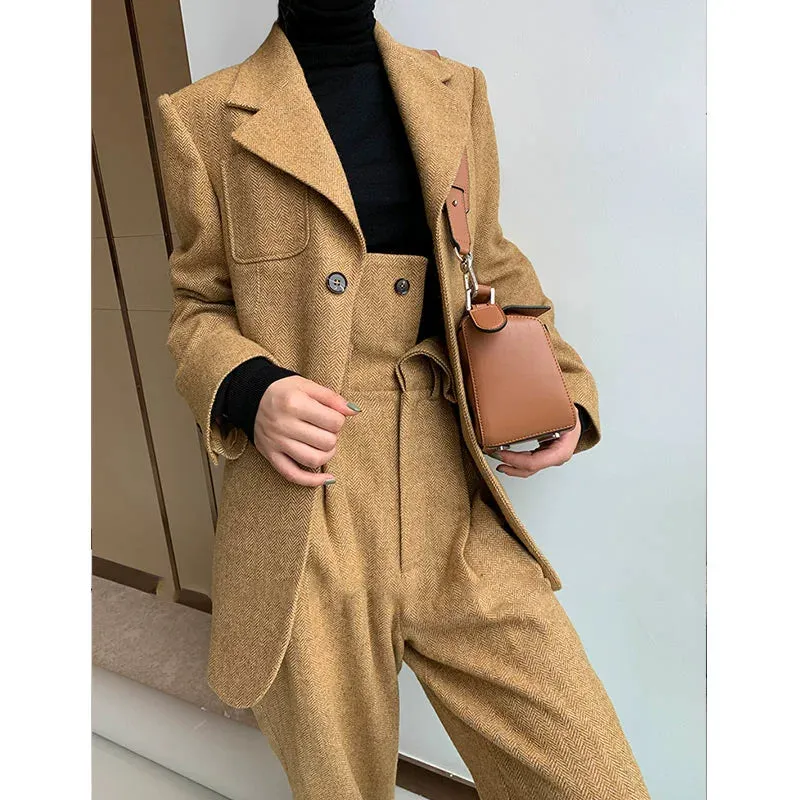 Tweed Herringbone blazer women's loose British wide-leg pants and suit jacket - Koil