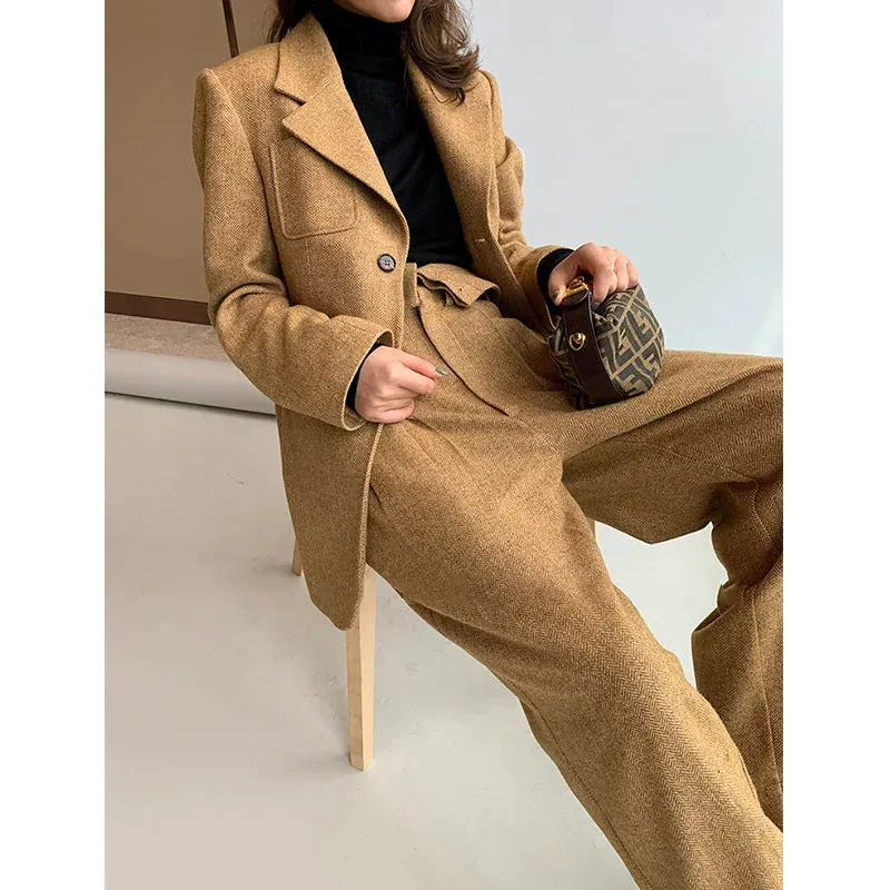 Tweed Herringbone blazer women's loose British wide-leg pants and suit jacket - Koil