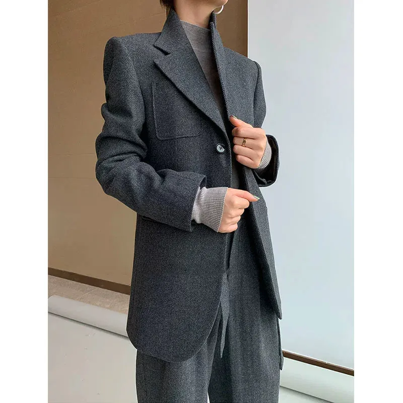 Tweed Herringbone blazer women's loose British wide-leg pants and suit jacket - Koil