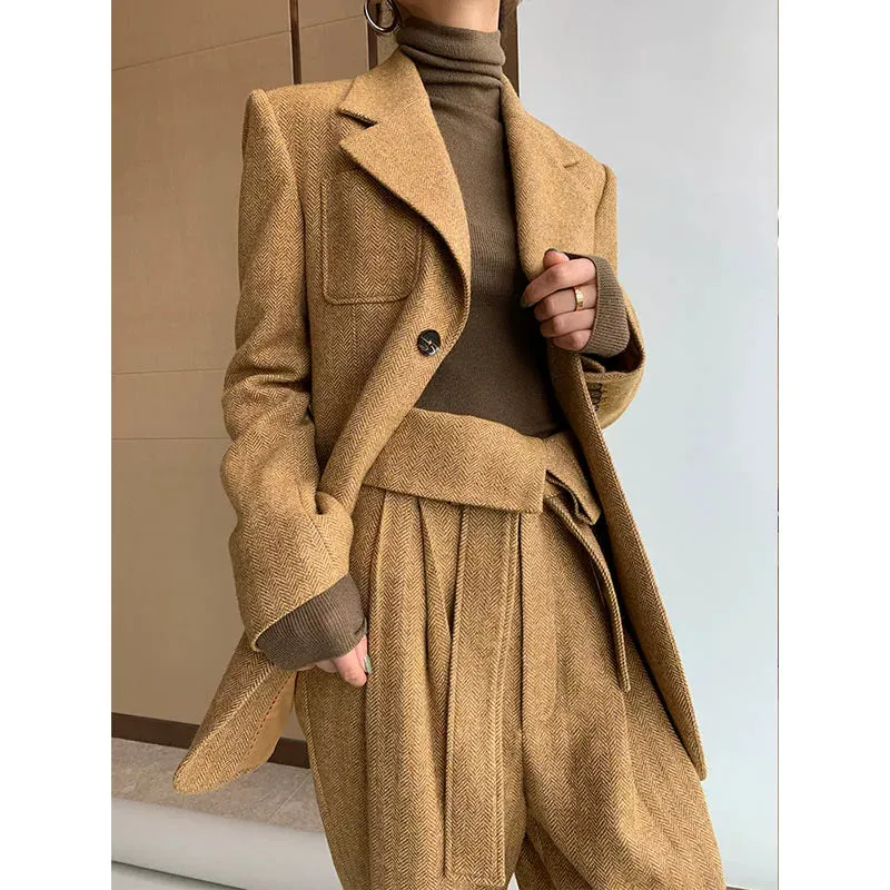 Tweed Herringbone blazer women's loose British wide-leg pants and suit jacket - Koil