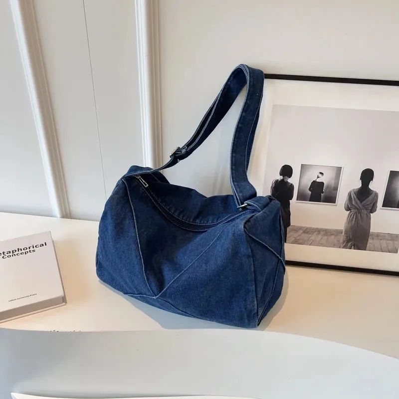 UAKISS  - Blue Denim Shoulder Bags For Women Simple Solid Canvas Satchels Casual Cotton Unisex Messenger Bags Soft Cloth Crossbody Bags