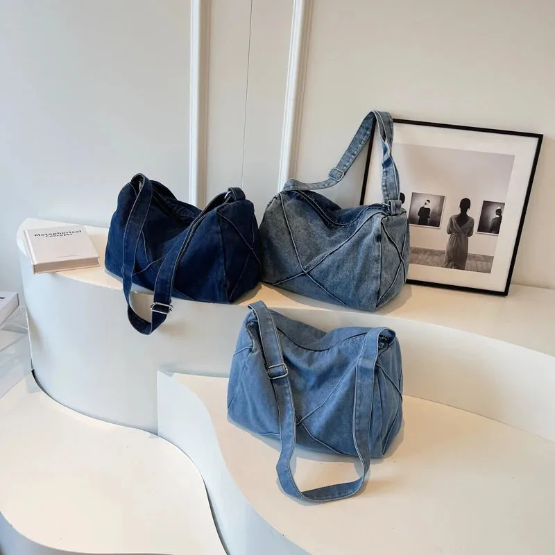 UAKISS  - Blue Denim Shoulder Bags For Women Simple Solid Canvas Satchels Casual Cotton Unisex Messenger Bags Soft Cloth Crossbody Bags