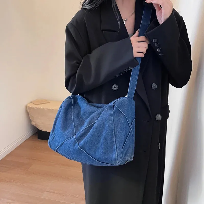 UAKISS  - Blue Denim Shoulder Bags For Women Simple Solid Canvas Satchels Casual Cotton Unisex Messenger Bags Soft Cloth Crossbody Bags