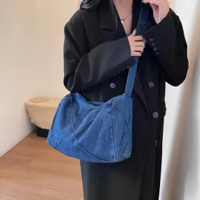 UAKISS  - Blue Denim Shoulder Bags For Women Simple Solid Canvas Satchels Casual Cotton Unisex Messenger Bags Soft Cloth Crossbody Bags