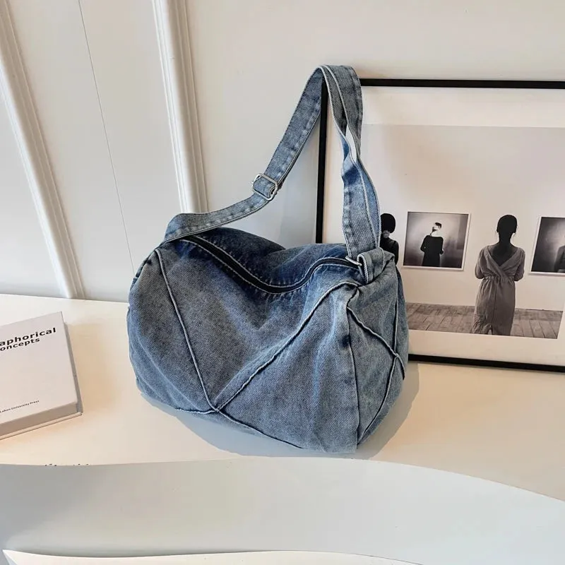 UAKISS  - Blue Denim Shoulder Bags For Women Simple Solid Canvas Satchels Casual Cotton Unisex Messenger Bags Soft Cloth Crossbody Bags