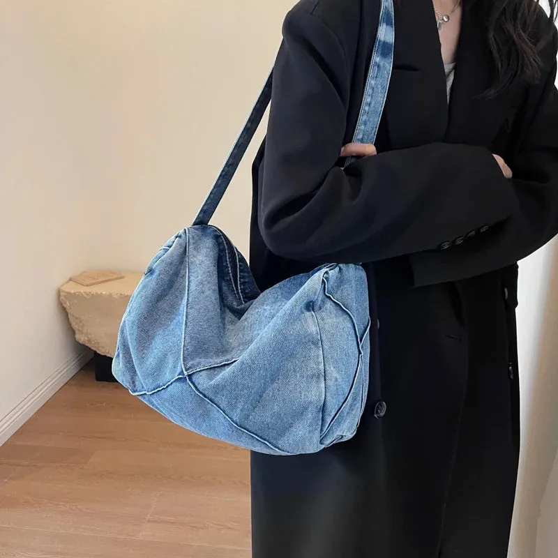 UAKISS  - Blue Denim Shoulder Bags For Women Simple Solid Canvas Satchels Casual Cotton Unisex Messenger Bags Soft Cloth Crossbody Bags