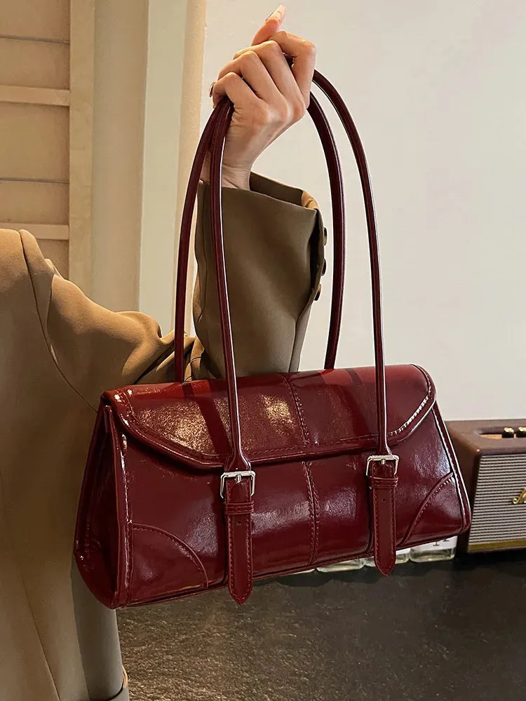 Uakiss High End Burgundy Oil Wax Leather Underarm Bag Elegant Women's Magnetic Buckle Shoulder Bag Commuter Versatile Ladies Tote Bags