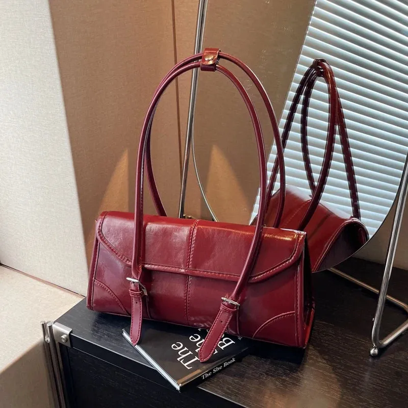 Uakiss High End Burgundy Oil Wax Leather Underarm Bag Elegant Women's Magnetic Buckle Shoulder Bag Commuter Versatile Ladies Tote Bags